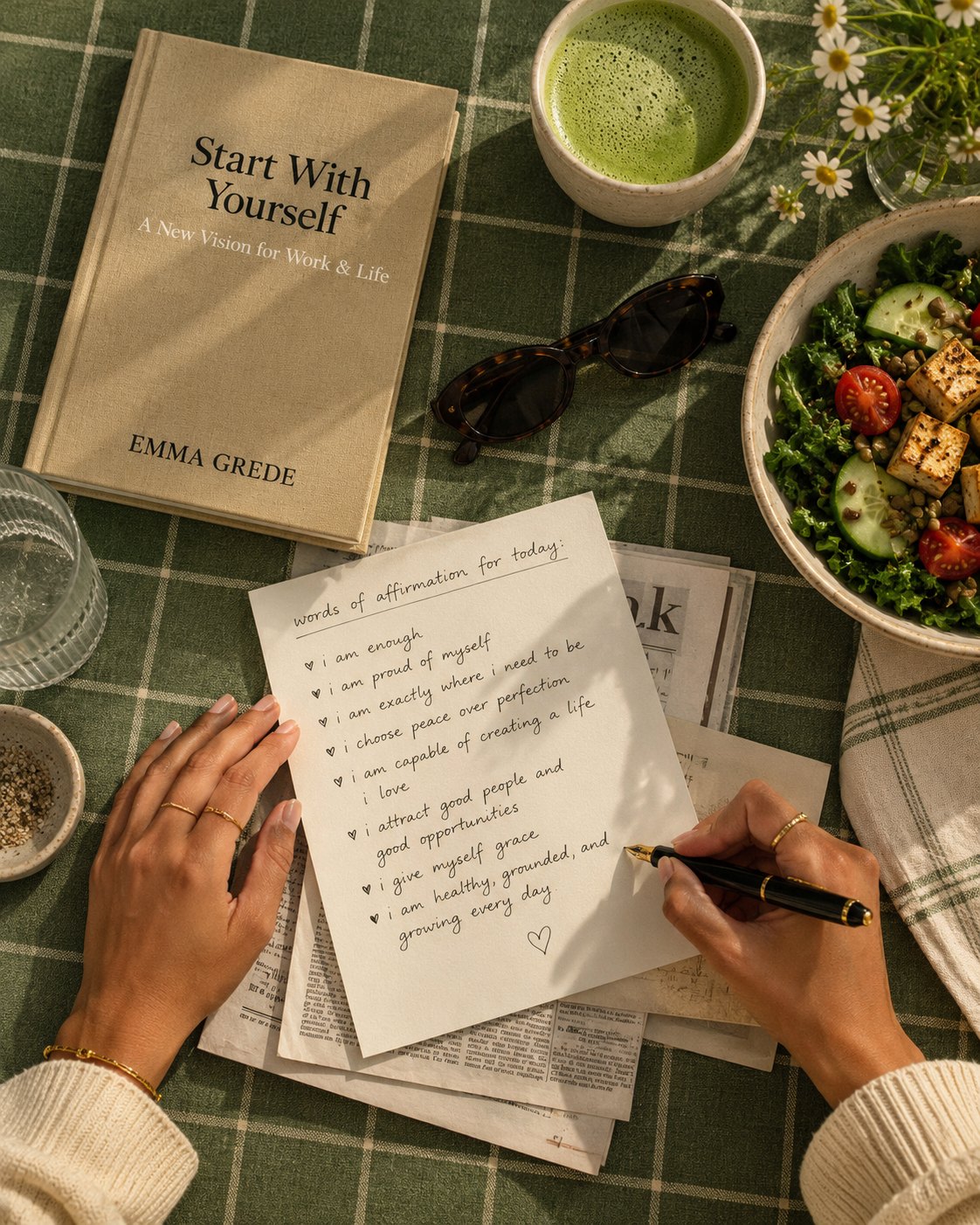 Hands writing a list of daily affirmations on a green gingham table with a matcha, a salad and the book Start With Yourself
