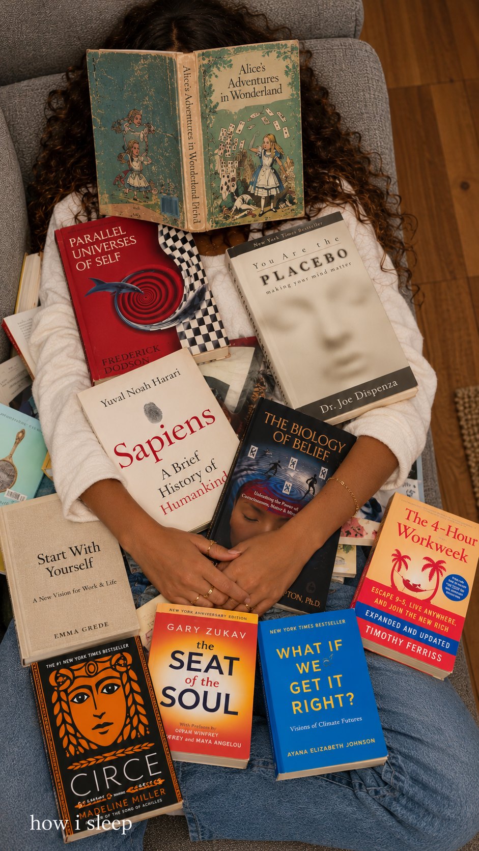 A woman hugging a stack of favorite books — Sapiens, You Are the Placebo, The Biology of Belief, The Seat of the Soul, Circe and more