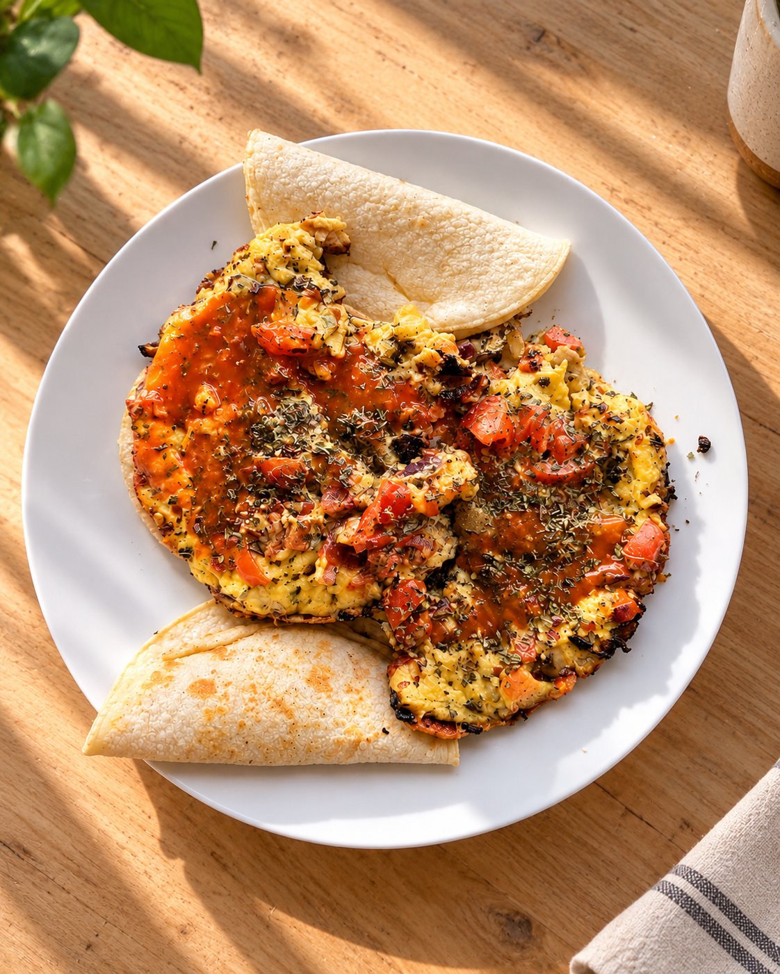 Vegan scrambled tofu with tomatoes and herbs on a white plate with warm tortillas