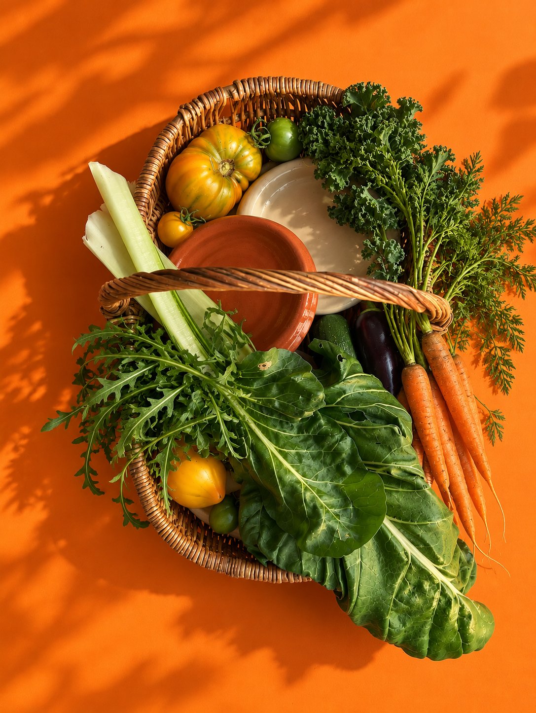 A wicker basket of fresh farmers market produce — carrots, kale, chard, celery and heirloom tomatoes — on an orange background