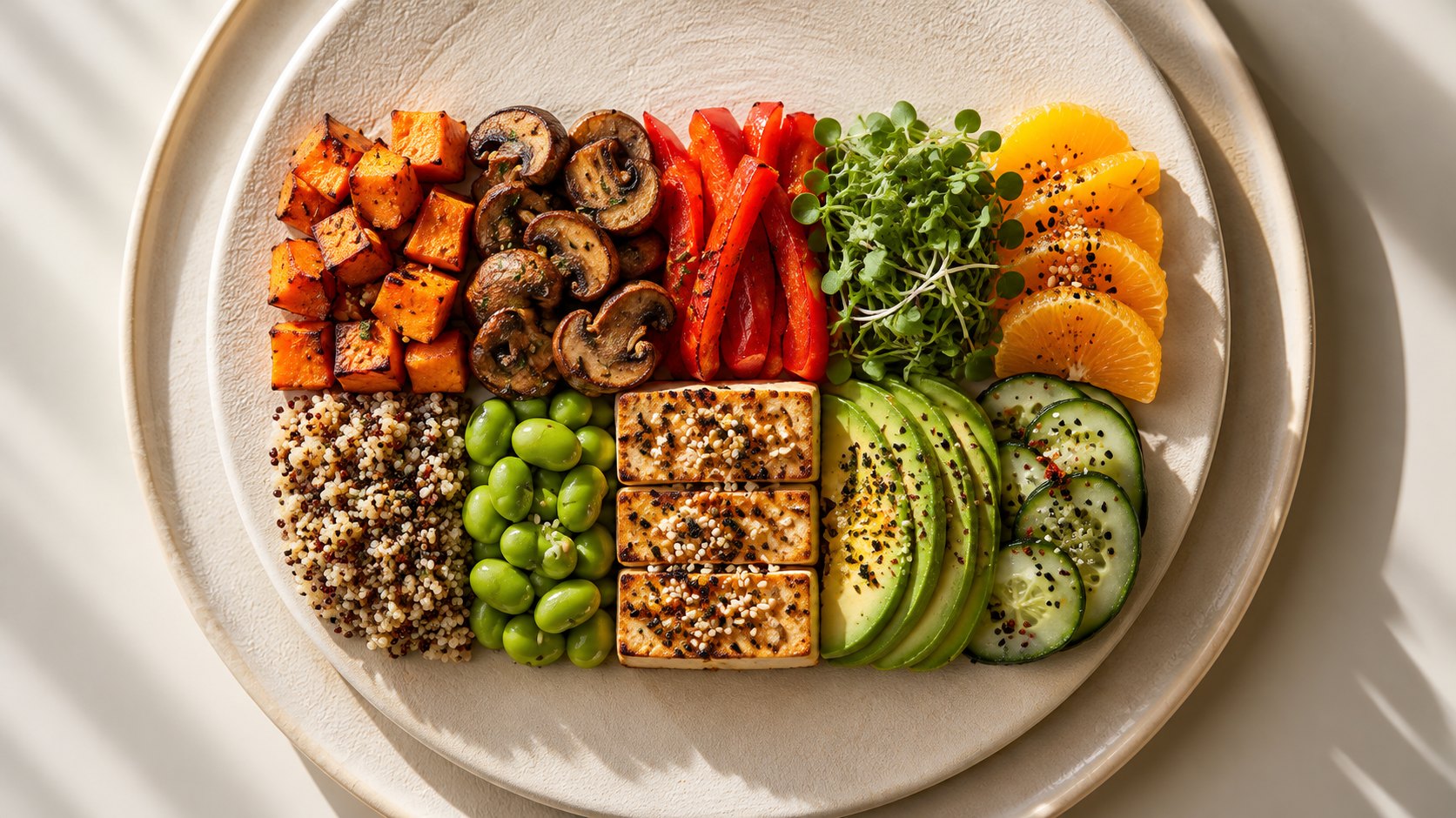A sunlit plate of colorful plant-based foods: roasted sweet potato, mushrooms, red peppers, microgreens, orange, quinoa, edamame, tofu, avocado and cucumber