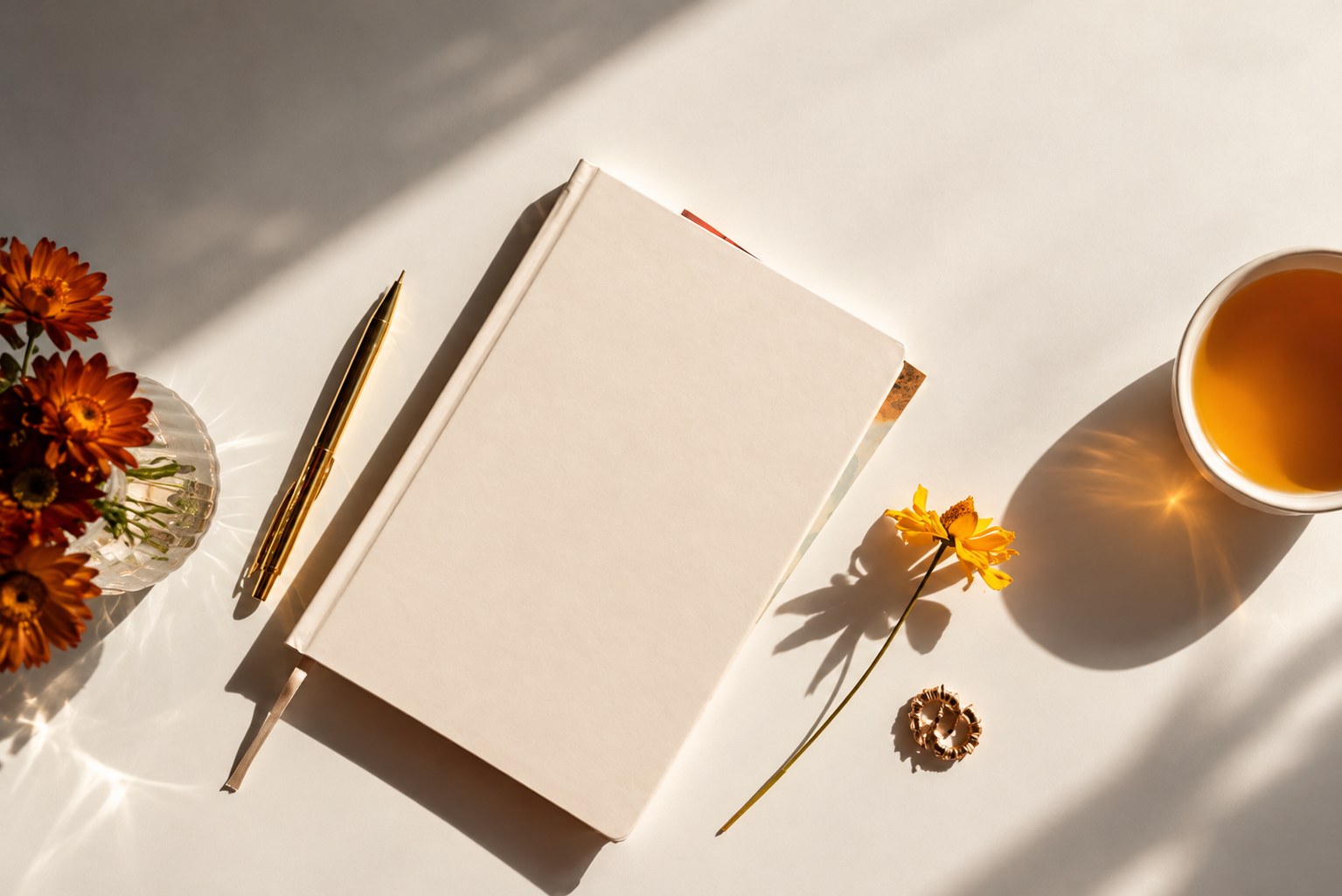 A journal, pen and cup of tea in morning light