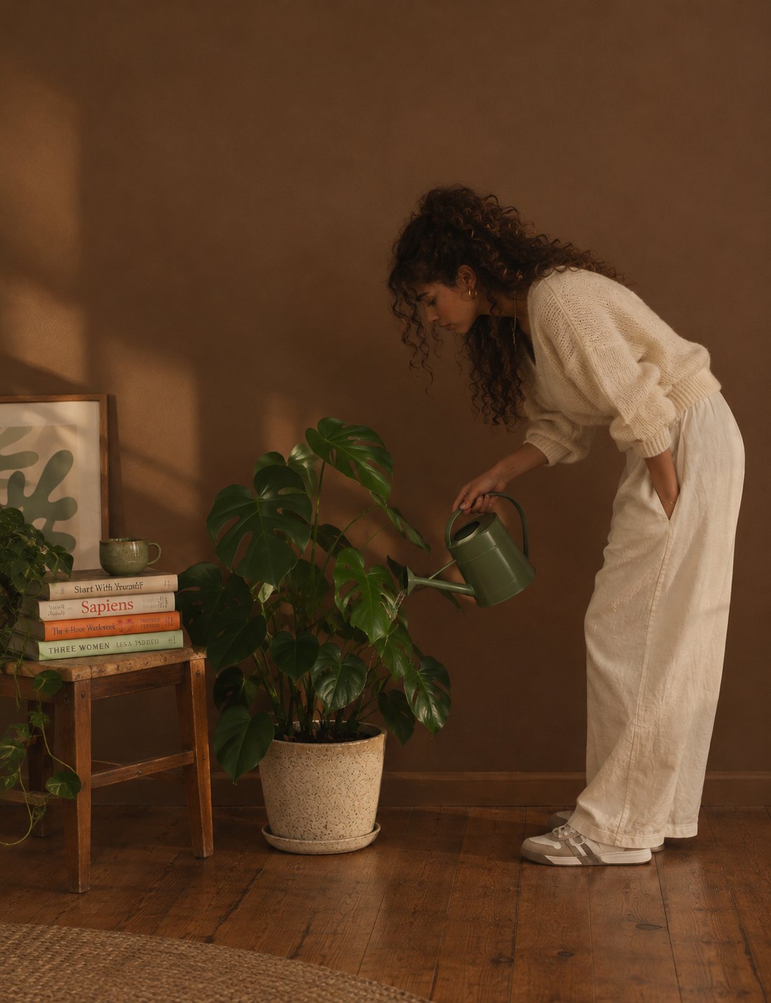 A woman watering a monstera plant beside a stool stacked with books in warm evening light
