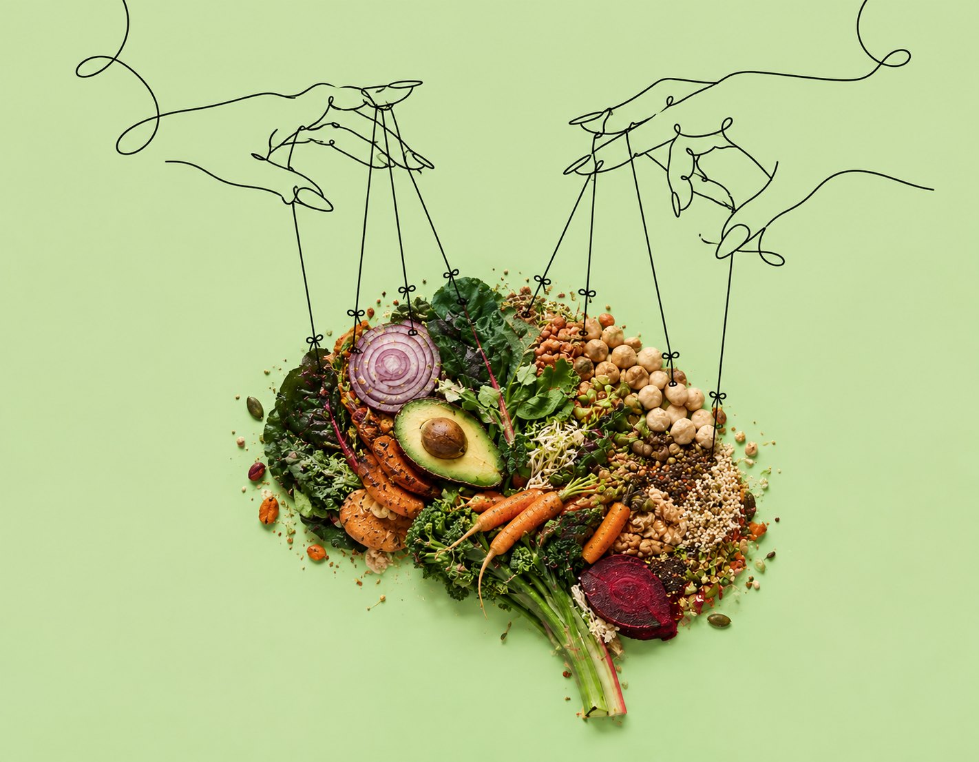 A brain made of vegetables, grains and nuts, held by illustrated hands on puppet strings against a soft green background