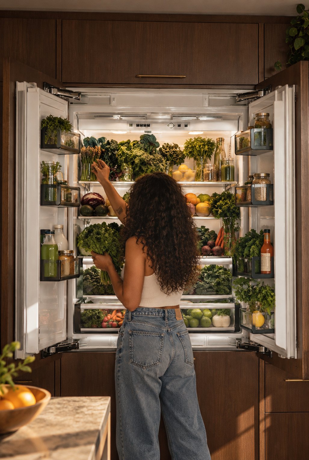 A woman reaching into a refrigerator stocked with fresh greens, vegetables and fruit