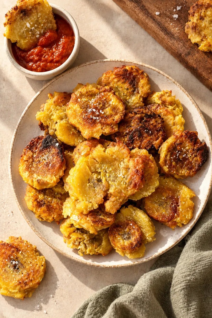 A plate of crispy, salted tostones with a bowl of red dipping sauce