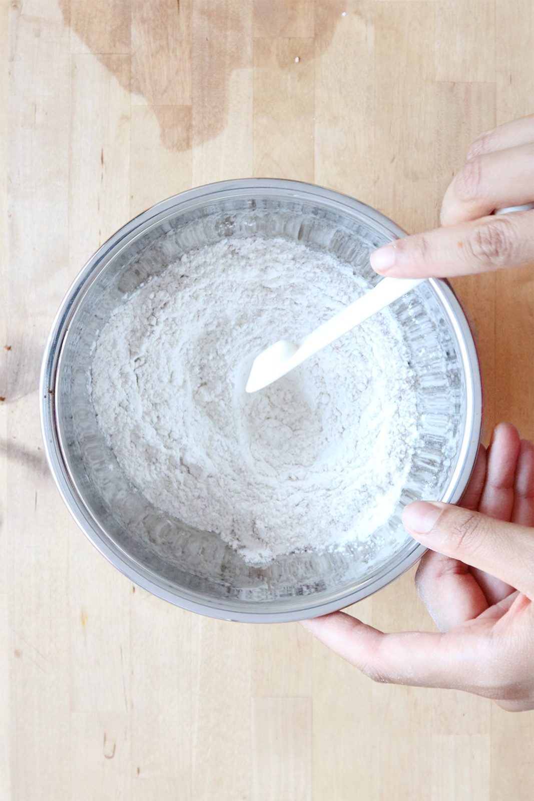 Dry ingredients mixed in a bowl for vegan waffle batter